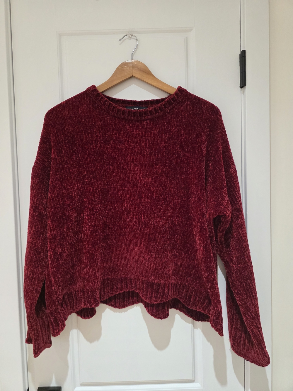 ZARA Plush Chenille Crew Sweater in Wine Red